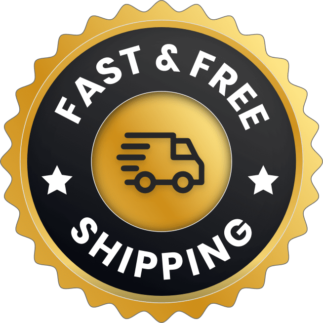 Gold and black circular badge with a delivery truck icon in the center and the words ‘Fast & Free Shipping’ written around it.