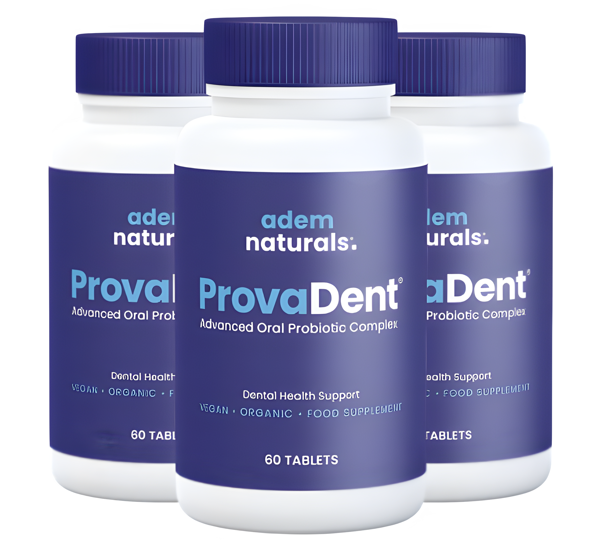 Three Provadent supplement bottles labeled ‘Advanced Oral Probiotic Complex’ by Adem Naturals, each containing 60 tablets for dental health support.