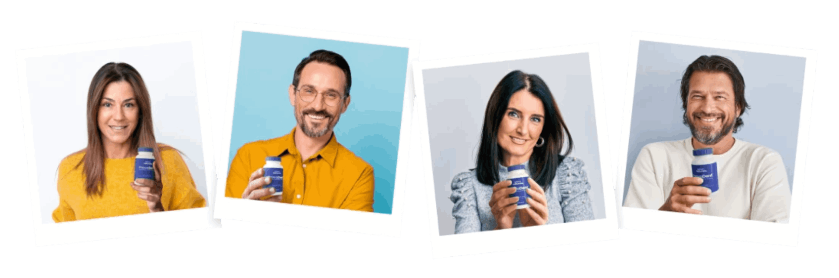 Four smiling people holding blue Provadent supplement bottles, each posing in individual portrait frames against light-colored backgrounds.