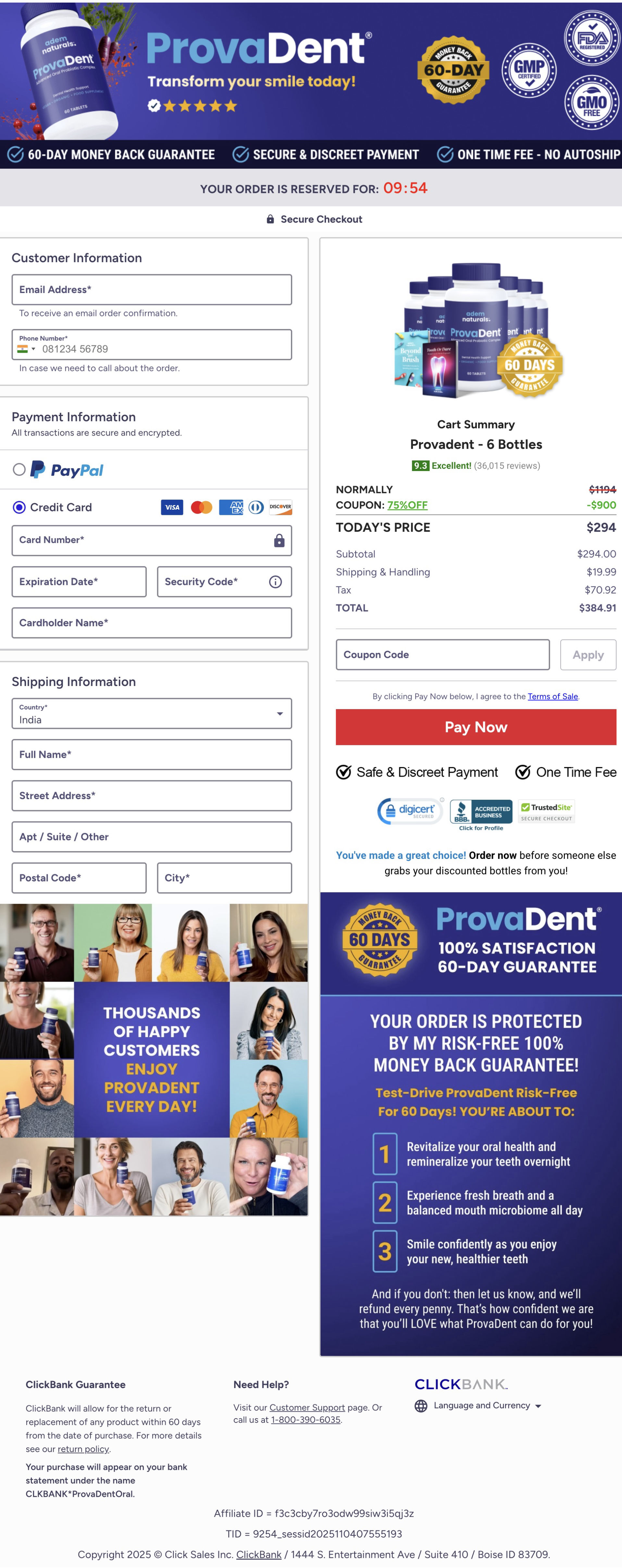 Provadent secure checkout page showing order form for 6 bottles with a 75% discount, 60-day money-back guarantee, and payment options via PayPal or credit card. Includes customer testimonials, product images, and ClickBank purchase details.